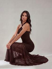 SHEIN Tall Spring/Summer Women's Solid Dark Brown Halter Neck Metal Buckle Spliced Semi-Sheer Full Skirt Elegant Sexy Maxi Dress Wedding Dinner Party Night Out - Coffee Brown - View 1