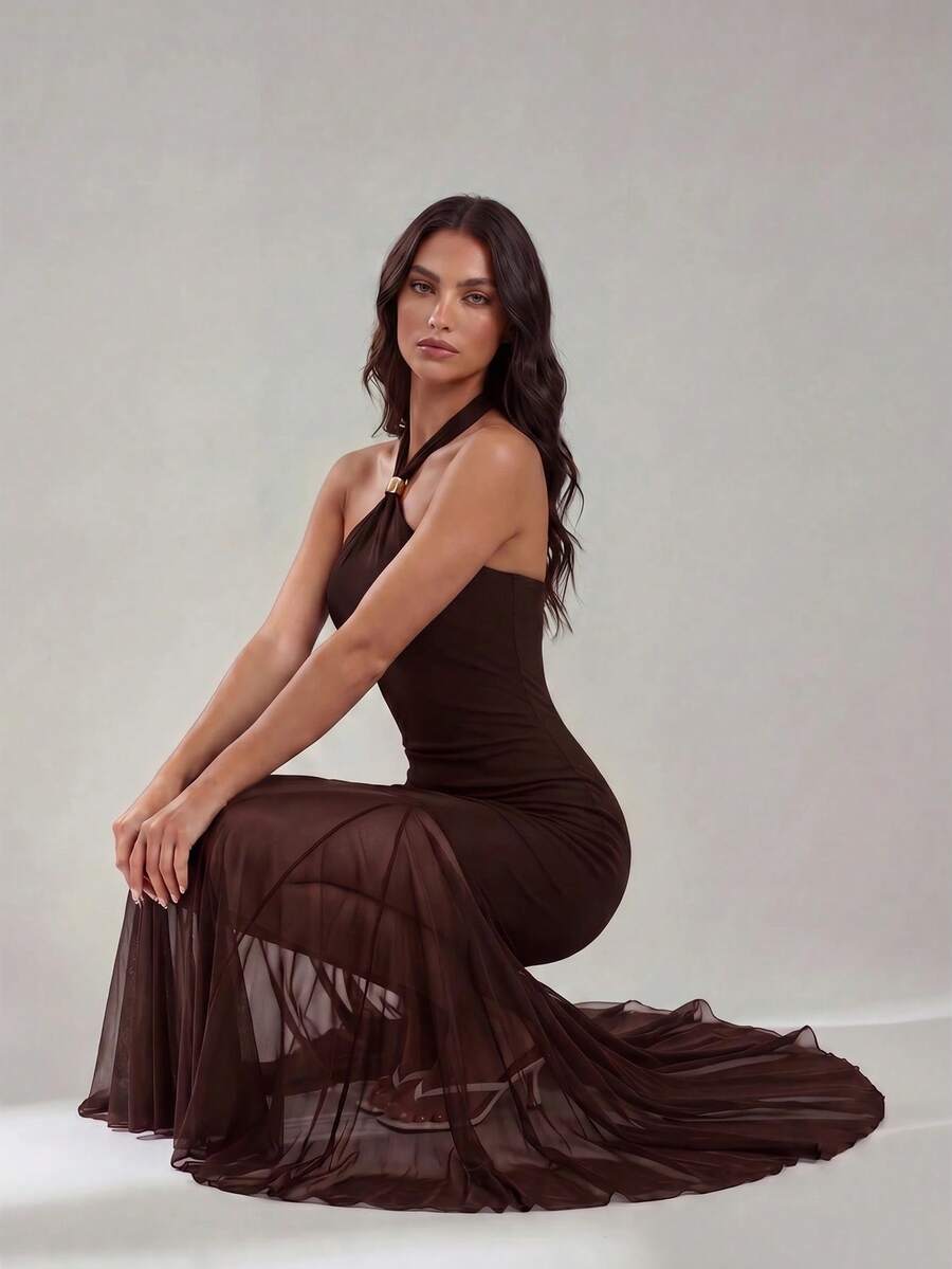 SHEIN Tall Spring/Summer Women's Solid Dark Brown Halter Neck Metal Buckle Spliced Semi-Sheer Full Skirt Elegant Sexy Maxi Dress Wedding Dinner Party Night Out - Coffee Brown - View 1