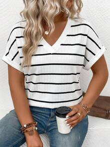 EMERY ROSE Camiseta de mujer de talla grande, nueva y de gran para primavera/verano, de punto acanalado con estampado de rayas, diseño de capas, cuello en V, casual y versátil - Multicolor - Ver 4