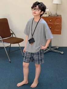 DAZY 大童男孩純色圓領短袖上衣與格紋短褲休閒日常居家睡衣套裝 夏季 - 灰色 - 查看 7