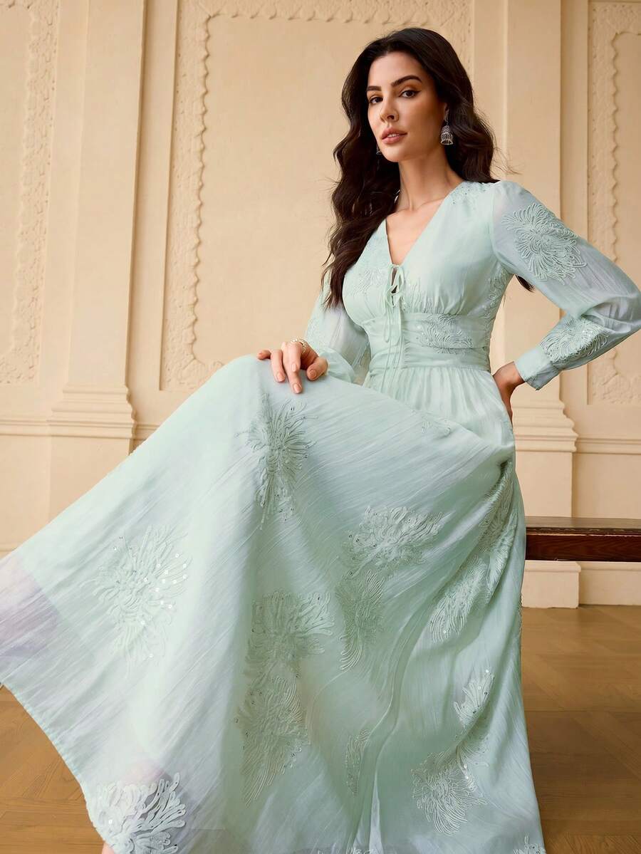 ZEYLAH 女款純色V領長袖綁腰長洋裝 鼠尾草綠 夏季浪漫性感 新娘準備穿著 婚禮派對適用 - 青碧色 - 查看 1