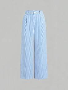 Sweetra Women's Lace Patchwork Blue And White Stripe Bandeau Top And Straight Leg Pants Two Pieces Set Vacation Summer Elegant - Blue - View 5