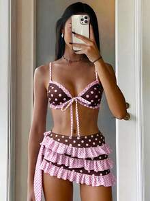 Swim Mod Conjunto de bikini de 3 piezas para mujer con falda de tirantes finos, estampado aleatorio y lazo de encaje, primavera/verano - Multicolor - Ver 2