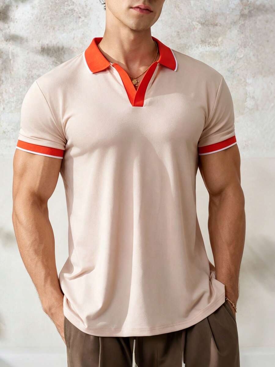 Airaco 男士休閒對比色 Polo 衫,米色與紅色領口,極簡商務休閒 T 恤上衣 - 彩色 - 查看 1