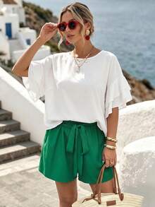 Ceyna Plus Size Women's Elegant Casual Tropical White Emerald Green 2-Piece Set,Boho Summer Ruffle Sleeve Top And Shorts For Vacation,Holiday Cruise Beach - Multicolor - View 2