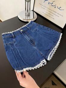GlowEve Women's Summer Casual Colorblock Lace Trim Denim Shorts - Royal Blue - View 1