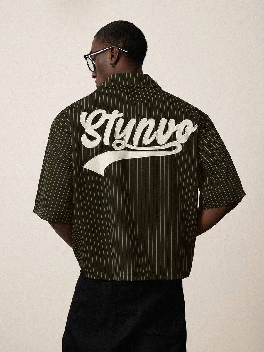STYNVO Men's Summer Striped Pattern Letter Embroidery Single-Breasted Shirt - Green - View 1
