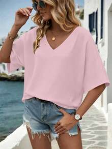 EMERY ROSE Women's Solid Color V-Neck Batwing Sleeve Summer Casual Shirt, Vacation Style Plus Size Blouse - Pink - View 1