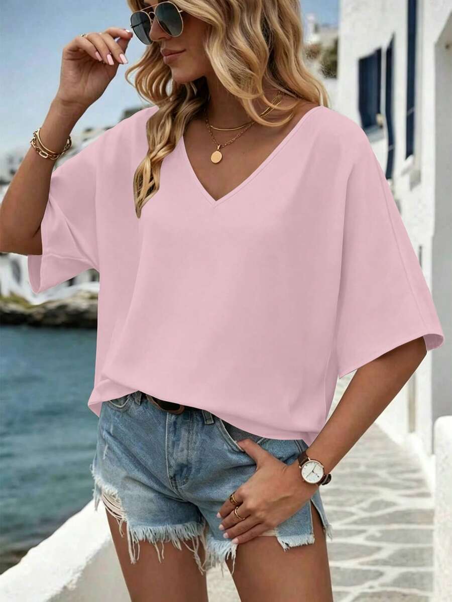 EMERY ROSE Women's Solid Color V-Neck Batwing Sleeve Summer Casual Shirt, Vacation Style Plus Size Blouse - Pink - View 1