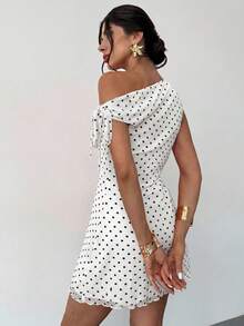 Firerie Damen Sommer Neu Klassisch Retro Polka Dot Asymmetrisches Off-Shoulder Sexy Elegantes Urlaubs Mini Kleid, Mesh Polka Dot Kleid, Asymmetrisches Ausschnitt Kleid, Frühling/Sommer Kleidung, Strandmode, Elegant, Sexy, Urlaub, Strand, Hawaiianisch, Dating, Party, Musikfestival, Abschlussball Kleid, Ballkleid/Braunes Kleid - Weiss - Übersicht 7