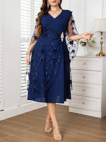 Reflora Plus Size Elegant Party Dress With 3D Floral Decoration Fall - Navy Blue - View 6