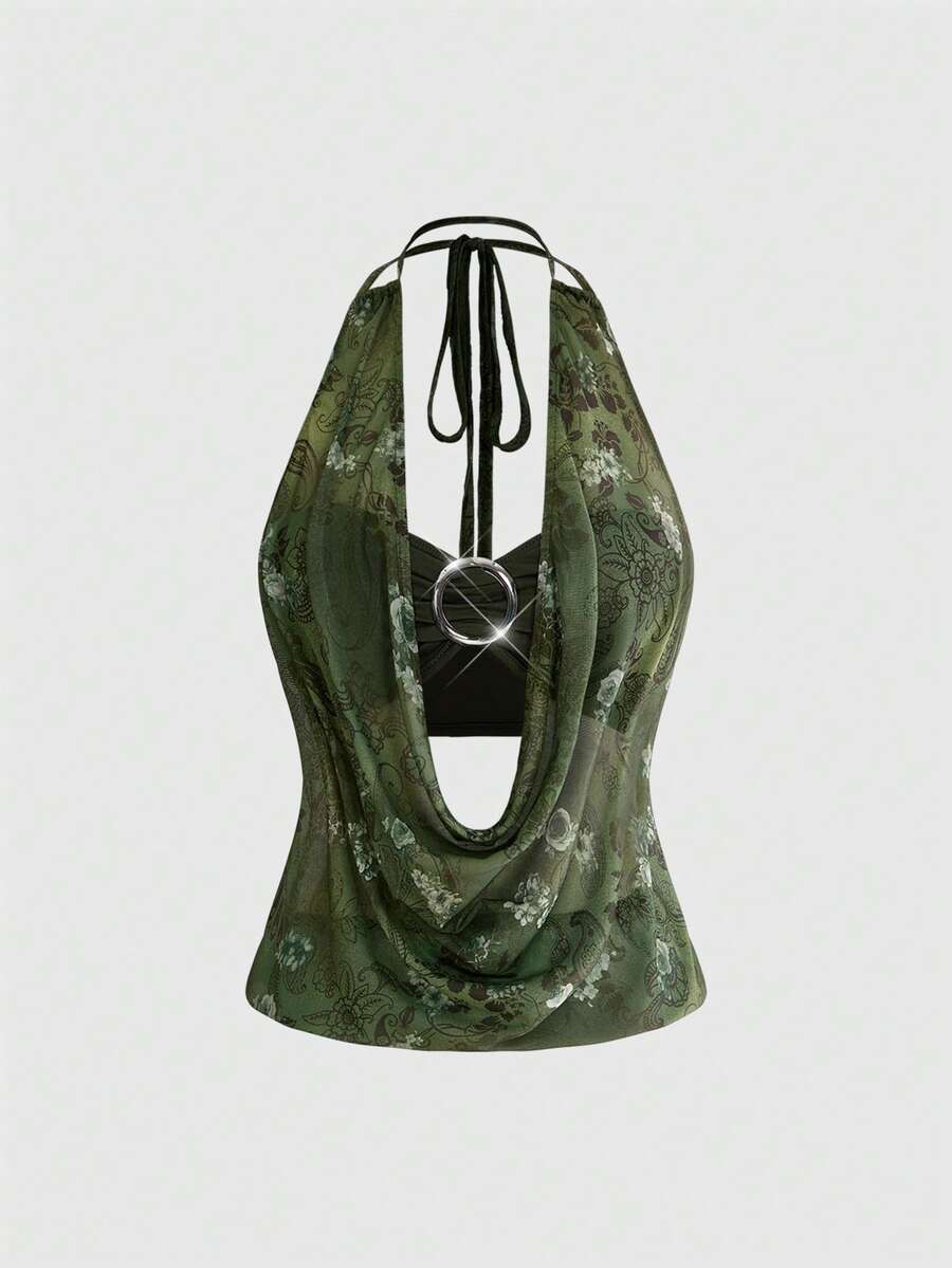 ROMWE Hippie Women's Y2K Back To School Deep Draped Neck Vintage Ruffle Hem Backless Street Style Halter Tank Top (Includes Bandeau Inner Wear) - Army Green - View 1