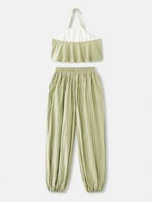 NYA SZN Matching Set Top & Pant Halter Top Balloon Hem Striped Barrel Leg Trouser Jogger Warm Weather Club Day Outfits For Women - Green - View 9