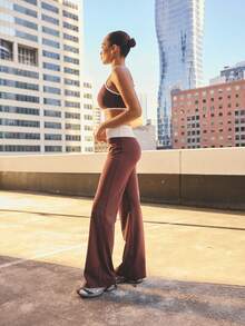 Aralina Leisurewear Active Women's 3 Piece Burgundy Three Pieces Boot Cut Legging Set Crop Top Bolero Long Sleeve Layering Tee High Wide Waistband Stretch Knit Flattering Studio Street Style Set Top Set Bottom - Brown - View 17