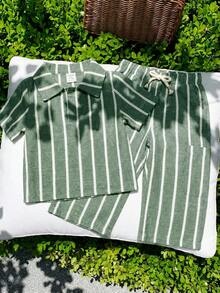 SHEIN 2 buc./set Set de cămașă cu mânecă scurtă și guleră cu dungi albastru-alb și pantaloni lungi, confortabil, casual și versatil, pentru bebeluși băieți și fete, potrivit pentru primăvară și vară, interior, exterior, uz zilnic, sport, joacă, petreceri, fotografii, vacanțe și sărbători - Multicolor - Vizualizare 8