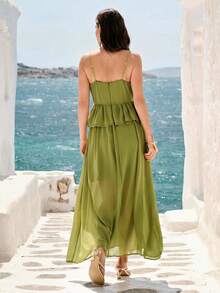 SHEIN Vestido holgado de verano para vacaciones con diseño elegante de volantes en capas, escote en V francés, espalda descubierta y estilo sexy - Verde - Ver 2