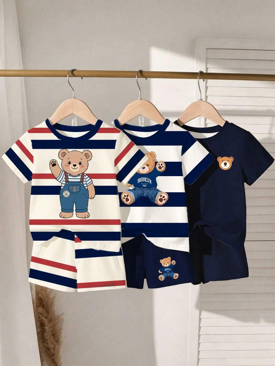6件/組 男童春夏服裝,休閒時尚創意個性化清新極簡條紋可愛卡通卡哇伊熊印花夏日度假風基本短T恤+短褲套裝,舒適日常穿著,愜意夏季風格,適合春夏男童穿搭 - 彩色 - 查看 1