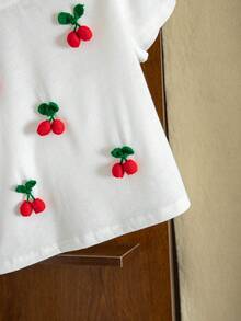 SHEIN 女童 1件 櫻桃刺繡休閒T恤，夏季 - 白色 - 查看 4
