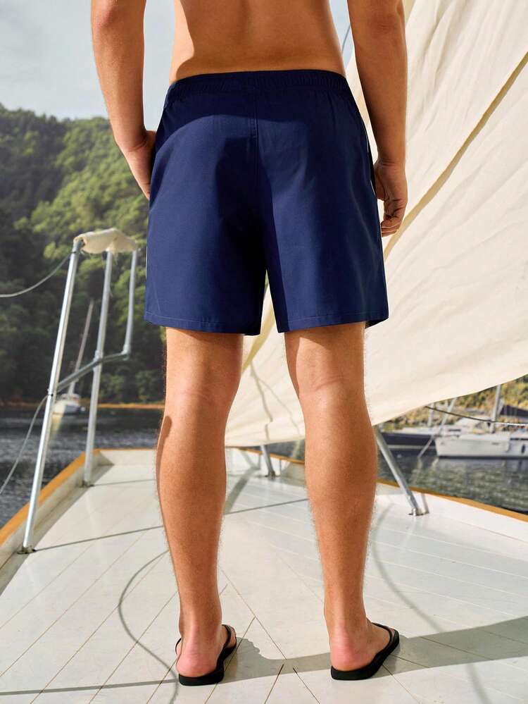 Manfinity VDAYZ Men's Vacation Drawstring Waist Letter Patch Casual Beach Shorts - Navy Blue - View 6
