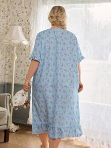 CottageSlumber Plus Size Women's Romantic Ditsy Floral Square Neck Short Sleeve Ruffle Patchwork Maxi Nightgown - Blue - View 2