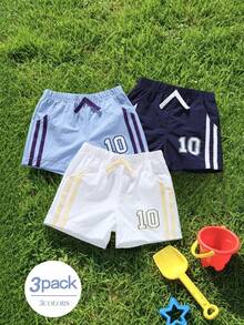 Souflis Souflis 3pcs/Set Toddler Infant Baby Boys Casual Pocket Elastic Waist Shorts, Decorative Rope, Side Stripe Design, Versatile All-Match Fit, Sun Protection, Cool Touch, Suitable For Daily, School, Vacation Travel, Sports - Purple - View 1