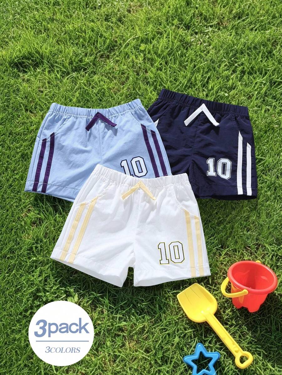 Souflis Souflis 3pcs/Set Toddler Infant Baby Boys Casual Pocket Elastic Waist Shorts, Decorative Rope, Side Stripe Design, Versatile All-Match Fit, Sun Protection, Cool Touch, Suitable For Daily, School, Vacation Travel, Sports - Purple - View 1