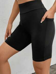 SHEIN EZwear 95%純棉黑色純色寬腰騎行短褲，附手機口袋，夏季內搭褲，適合日常通勤、約會、派對、秋冬/夏季、聖誕節、新年、感恩節、派對、婚禮、海灘、畢業典禮、時尚、優雅、休閒、外出、約會、預約、通勤、亮面、情人節、優雅、度假、休閒、Y2K、外出、畢業典禮等 - 黑色 - 查看 4