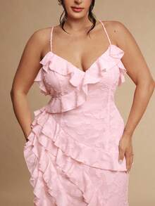 SHEIN BAE CURVE Plus Size Women's Pink Floral Chiffon Cut-Out Long Dress Lotus Leaf Romance Casual Formal Elegant Ruffle Tiered Spaghetti Strap Maxi For Wedding - Pink - View 1