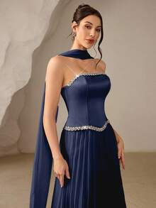 Coutiva Elegant Party Rhinestone Decorated Pleated Strapless Evening Gown - Navy Blue - View 7