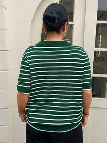 Dazy Plus Top de punto de manga corta con cuello polo, patchwork de bloques de color, divertido y casual, talla grande para mujer, primavera/verano - Verde Oscuro - Ver 2