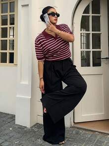 Dazy Plus Top de punto de manga corta con cuello polo, diseño de bloques de color y patchwork, divertido y casual, talla grande para mujer, primavera/verano - Rojo violeta - Ver 4