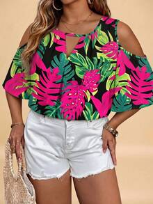 EMERY ROSE Camisa estampada de talla grande con estampado floral tropical casual y minimalista en toda la prenda - Multicolor - Ver 3