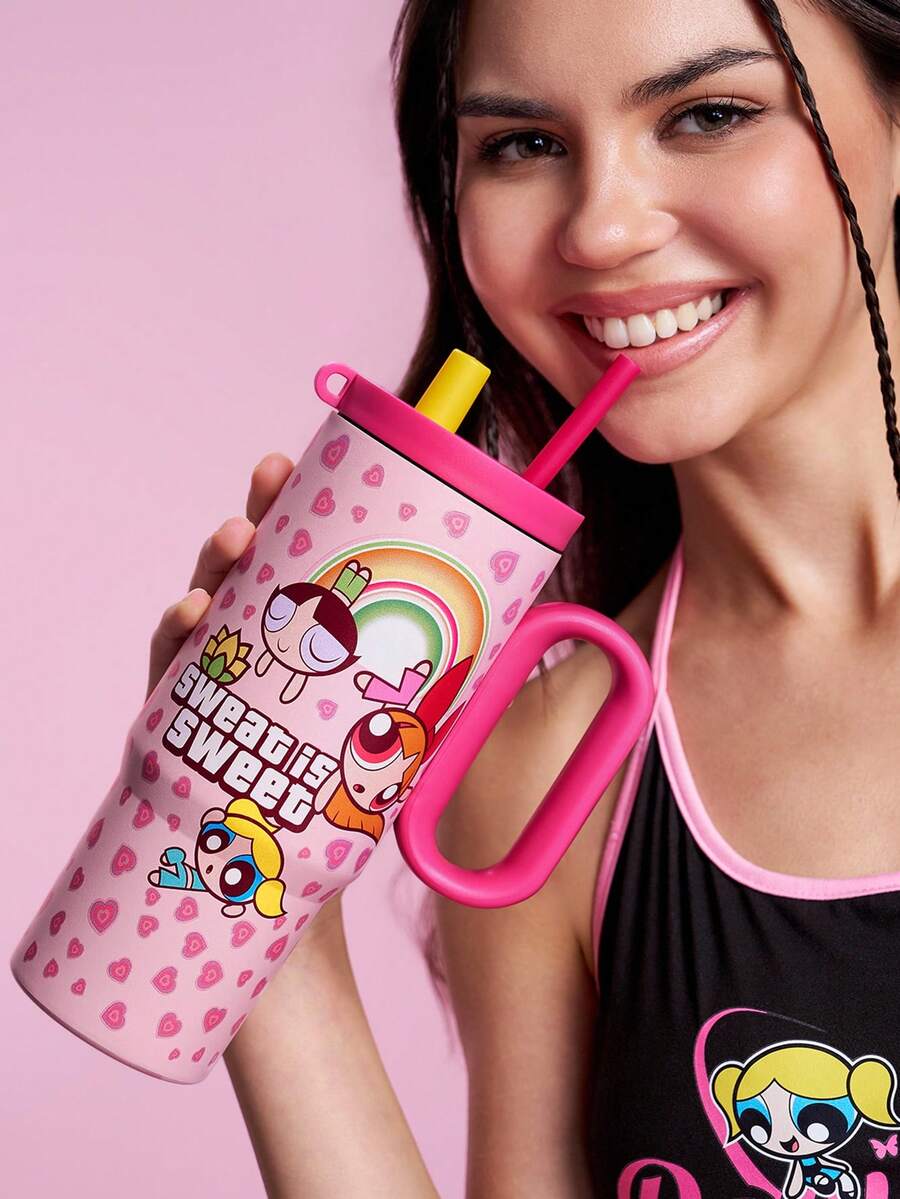 THE POWERPUFF GIRLS X SHEIN 24盎司帶把手保溫杯,真空隔熱水壺,不鏽鋼旅行馬克杯,車用杯 - 藕粉色 - 查看 1