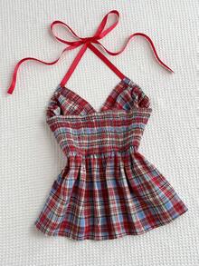 SHEIN EZwear 美式辣妹風復古紅格紋同色織帶條紋面飾夏季修身顯瘦俏皮時尚極簡性感女款背心上衣 - 彩色 - 查看 2