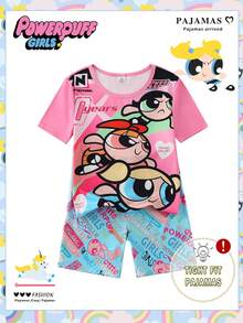 THE POWERPUFF GIRLS X SHEIN GraphicGems 2pcs Tween Girl Comfortable Round Neck Cartoon Print Short Sleeve Top And Shorts Summer Pajama Set - Pink - View 6