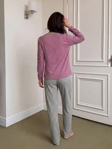 Embroidered Round Neck Comfortable Long Sleeve & Long Pants Women Pajama Set - Hot Pink - View 3