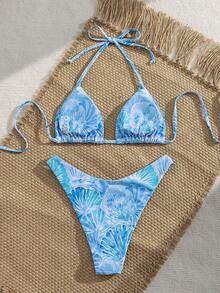 Swim Mod Summer Vacation Sexy Fashion Full Shell Print Halter Neck Tie Two Pieces Bikini Set Set - Multicolor - View 2