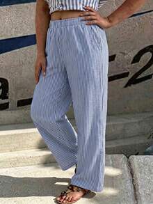 EMERY ROSE Plus Size Women's Pocket Loose Linen Striped Vacation Pants Fall - Multicolor - View 3