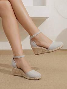 Styleloop 女士坡跟厚底鞋 春夏新款 增高显瘦 包头低帮设计 圆头 5.5cm坡跟 舒适高跟 亚麻材质 纯色 女士鞋 日常通勤 购物 约会必备 - 灰色 - 查看 2