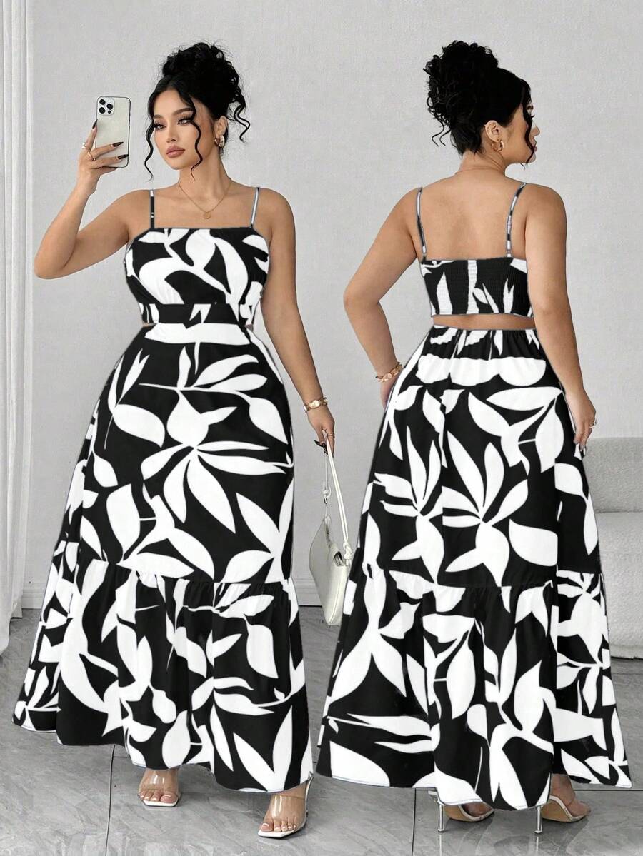 Elenzga Vestido elegante de mujer talla grande con tirantes finos, cintura fruncida y diseño de línea A, estampado de hojas de dos colores, diseño de cintura estilizante, vestido elegante y sofisticado adecuado para volver al colegio, graduación, San Valentín, festival de música, Día de la Madre, Halloween, Acción de Gracias, Pascua, Día Nacional, baile de graduación, cita, boda, actividades al aire libre - Blanco y Negro - Ver 1