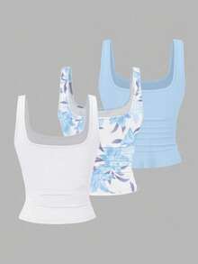 EMERY ROSE 3pcs Plus Size Women's Casual Solid Color & Full Printed Pattern Sleeveless Vest Set, Summer - Multicolor - View 2