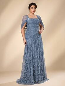 Serin Plus Size Elegant Luxurious Blue Stretch Sequin Lace Embroidered Sleeve Cape Mermaid A-Line Evening Gown For Wedding Bachelorette Party Vacation Prom - Blue - View 5
