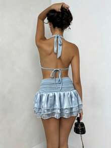 Glamine Dusty Blue Color Vertical Stripe Halter Satin Set,Waist-Cut Cropped Top + Ruffled Mini Skirt Two Pieces Outfit,Street Style Rave,Pool Party Dress - Baby Blue - View 2