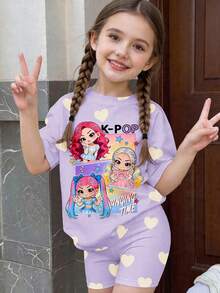 Young Girl Casual Simple Short Sleeve & Shorts 2 Pieces Set Suitable For Summer - White - View 1