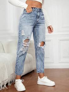 SHEIN CURVE+ Plus Size Casual Washed Distressed Denim Jeans Club Formal Light Blue Summer - Blue - View 3