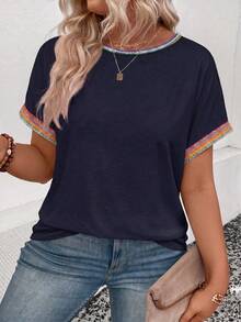 EMERY ROSE Fashionable New Vintage Casual Basic Crew Neck Rolled Cuff Navy Blue Contrast Color T-Shirt - Multicolor - View 3