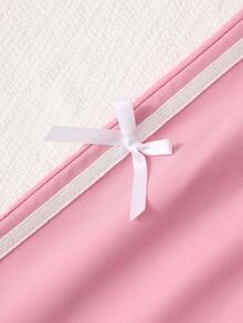SHEIN 2pcs Set Girls' Casual Bow Print Short Sleeve T-Shirt And Solid Color Ribbon Bow Long Pants, Slim Fit, Suitable For Summer Travel, Vacation, School And Other Outings - Pink - View 5