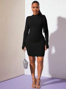 SHEIN SXY Mock Neck Ruched Bodycon Black Mini With Long Sleeves  Dress - Black - View 5