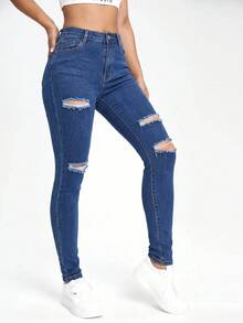 SHEIN EZwear Black Slant Pocket Ripped Skinny Jeans - Blue - View 4