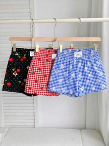SHEIN EZwear 3件套女士休闲舒适多巴胺雏菊蓝格子短裤、多巴胺草莓红格子短裤、黑色波点樱桃短裤，梭织面料，适合日常穿着、通勤、约会、派对、秋冬夏三季、圣诞节、新年、感恩节、婚礼、海滩、毕业典礼、时尚、优雅、休闲、外出、约会、预订、通勤、闪亮、情人节、优雅、度假、休闲、Y2K、外出、毕业典礼 - 彩色 - 查看 7
